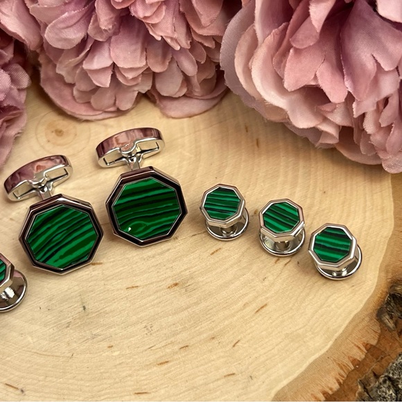 Stunning Green Malachite Silver Octagon Cufflinks Tuxedo Studs Formal 8 Pcs Set - Picture 7 of 16
